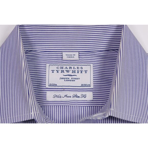 Charles Tyrwhitt Blue White Striped Non Iron Slim Fit Dress Shirt (38) 15-33 - Picture 6 of 7